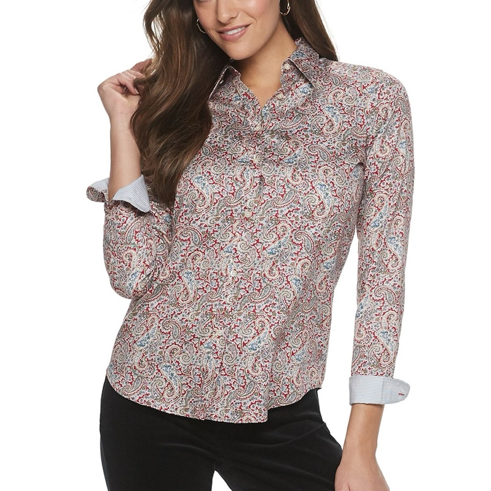 Chaps by Ralph Lauren Multicored Floral 3/4 Sleeve No Iron Button Down Shirt Top